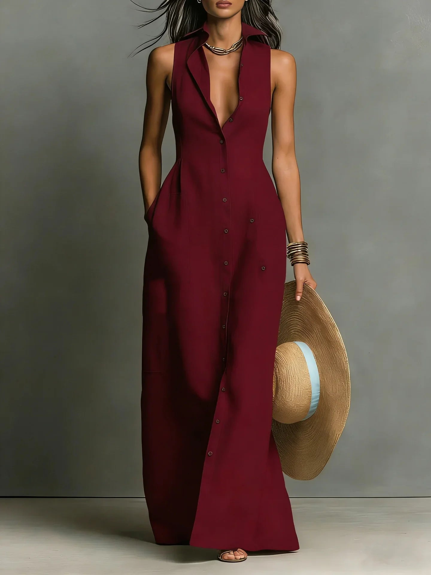 Women's Sleeveless Shirt Maxi Dress with Lapel Collar