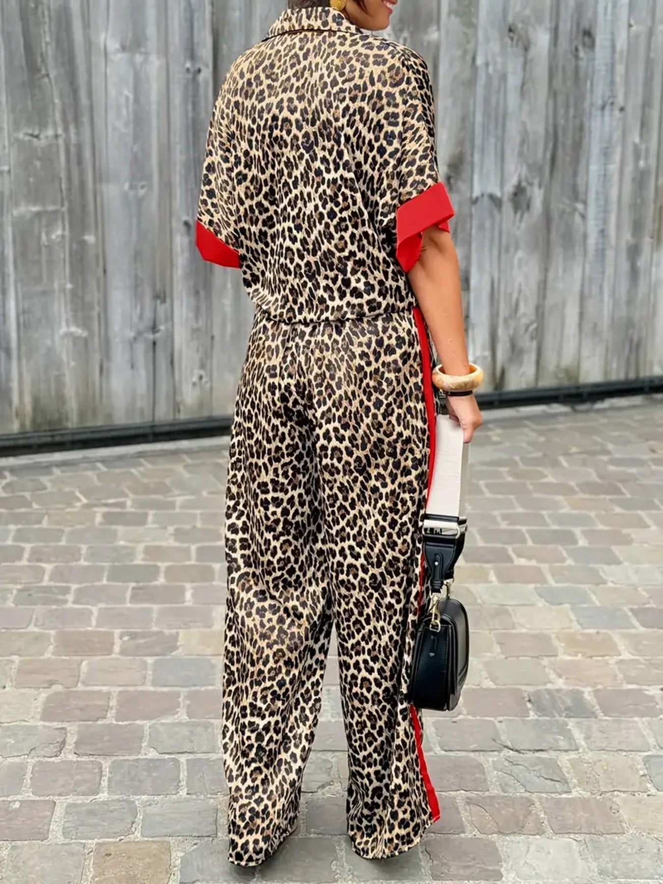 Women's Leopard Print Shirt and Wide Leg Pants Set