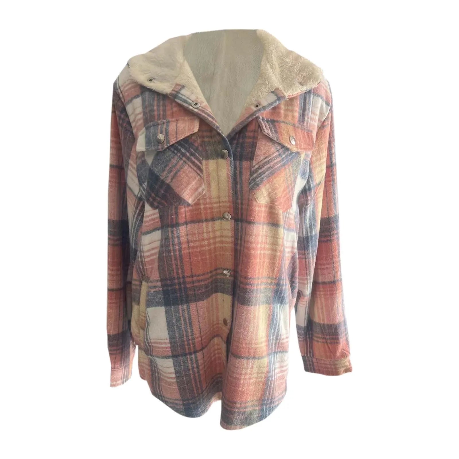 Soft Women's Plaid Button Jacket with Sherpa Lining