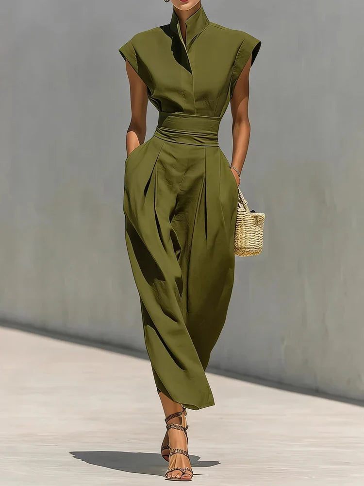 Women's Midi Dress with Stand Collar and Hidden Pockets