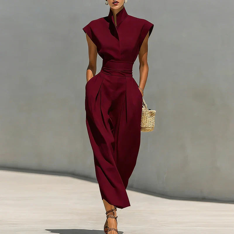Women's Midi Dress with Stand Collar and Hidden Pockets
