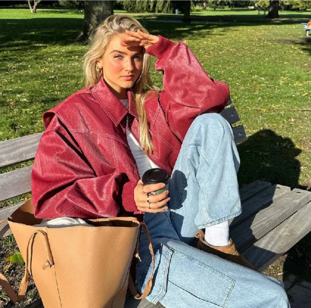 Women's Red Oversized Bomber Jacket