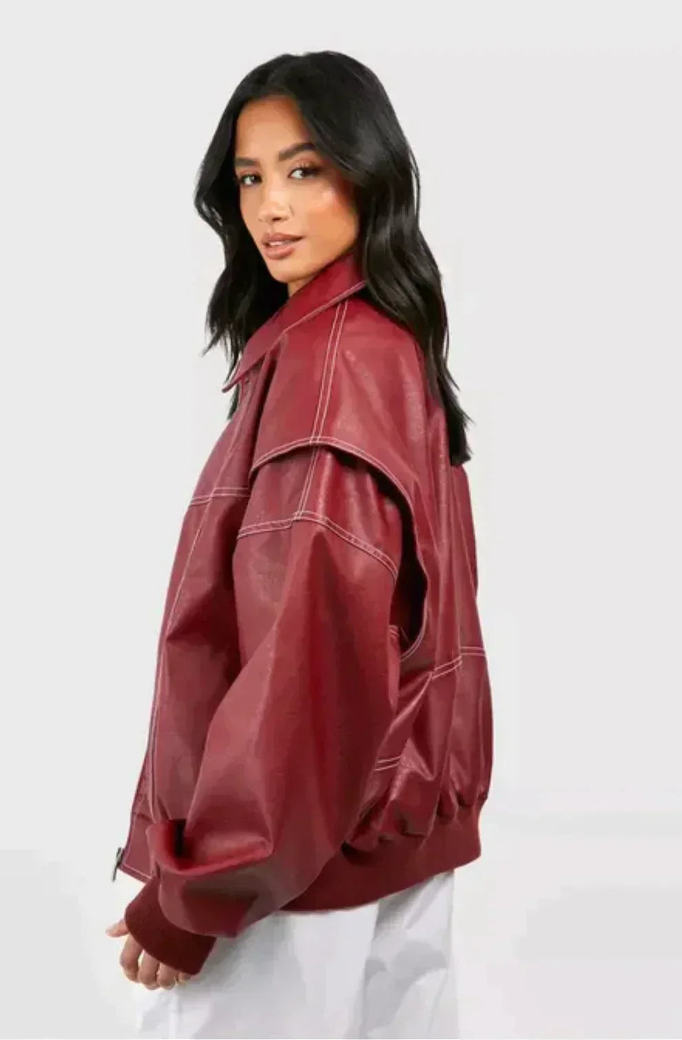 Women's Oversized Red Faux Leather Bomber Jacket