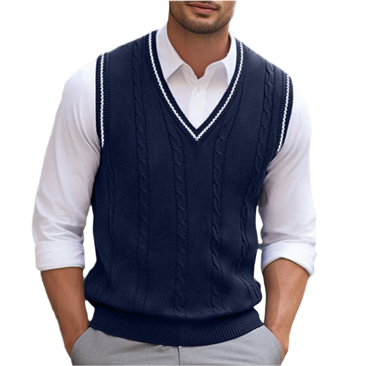 Men’s Cable Knit V-Neck Sweater Vest with Contrast Trim