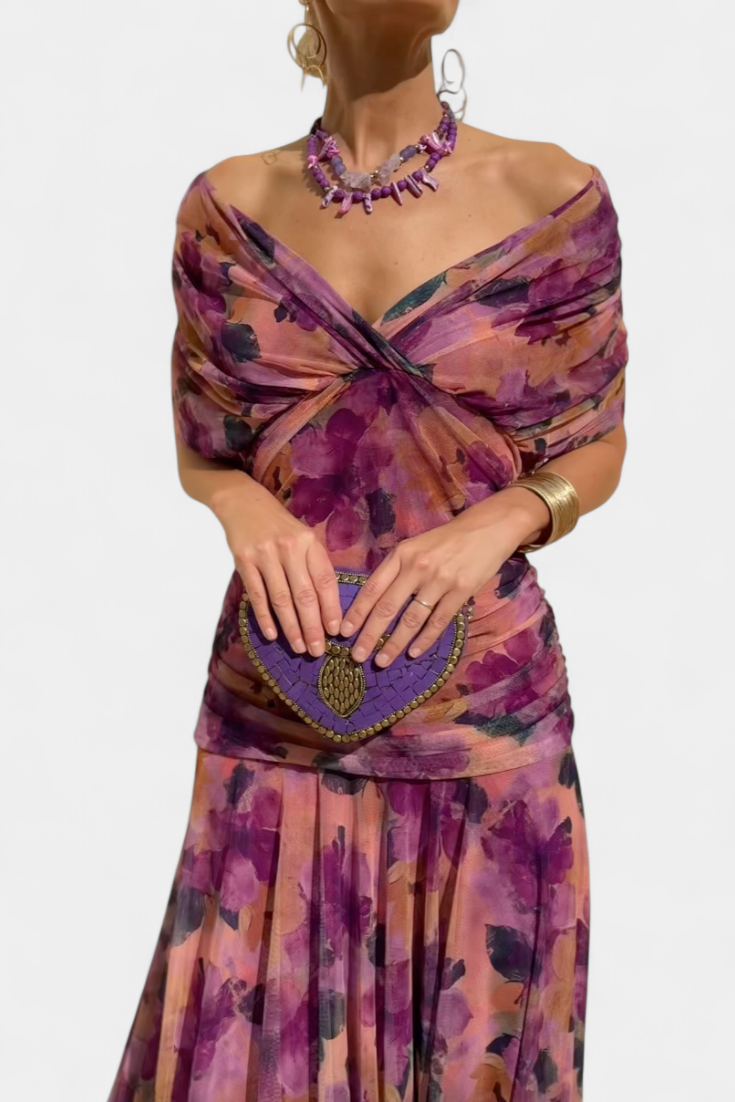 Women's Off-Shoulder Chiffon Ruched Maxi Dress
