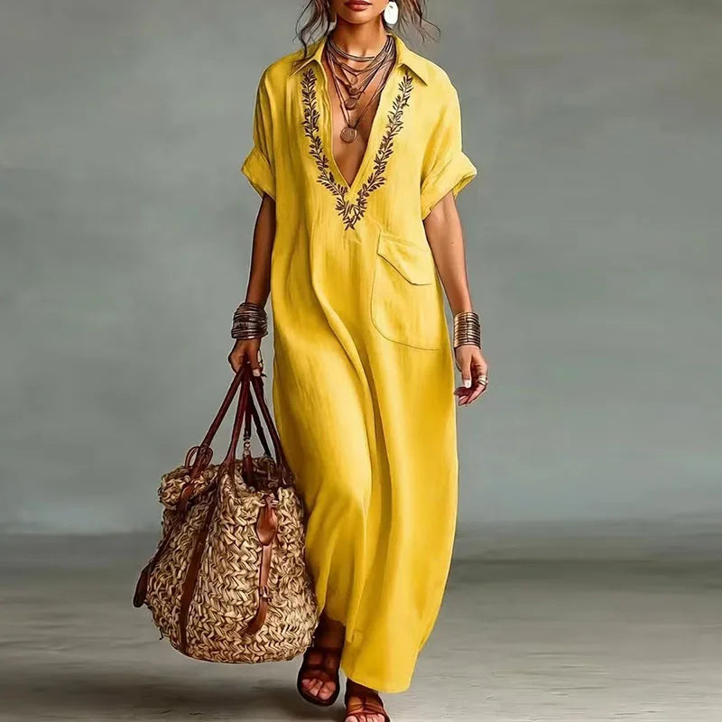 Women's Bohemian Printed Maxi Dress with Deep V-Neck