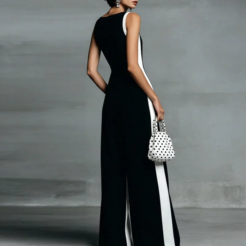 Women's Striped Wide-Leg Jumpsuit with Deep V-Neck