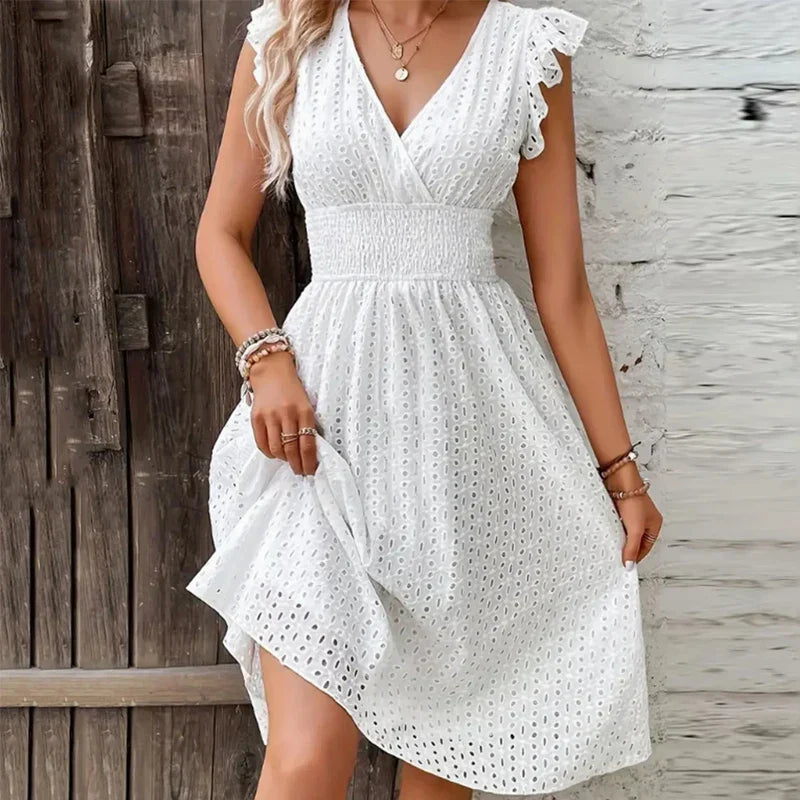 Women's V-Neck Eyelet Summer Dress A-Line