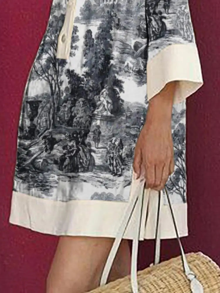 Stylish Vintage Toile Prints Mini Tunic Dress for Women