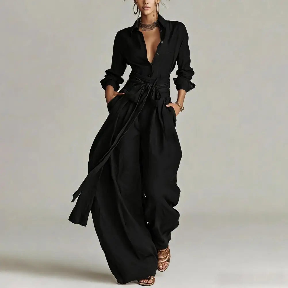 Women's Two-Piece Lounge Set with Button-Down Shirt and Wide-Leg Pants