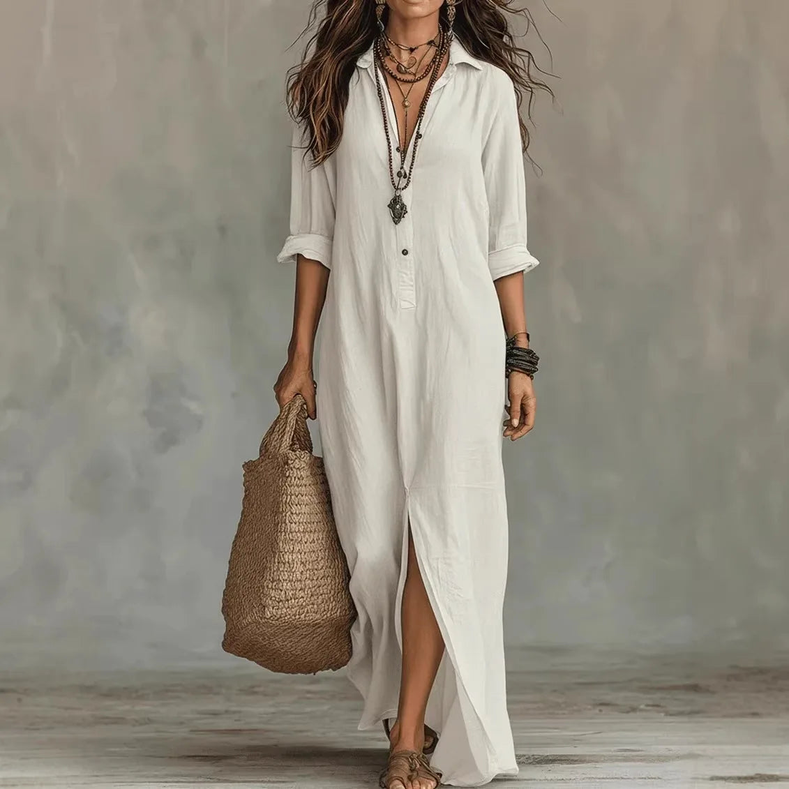 Women's Maxi Shirt Dress with Turn-Down Collar