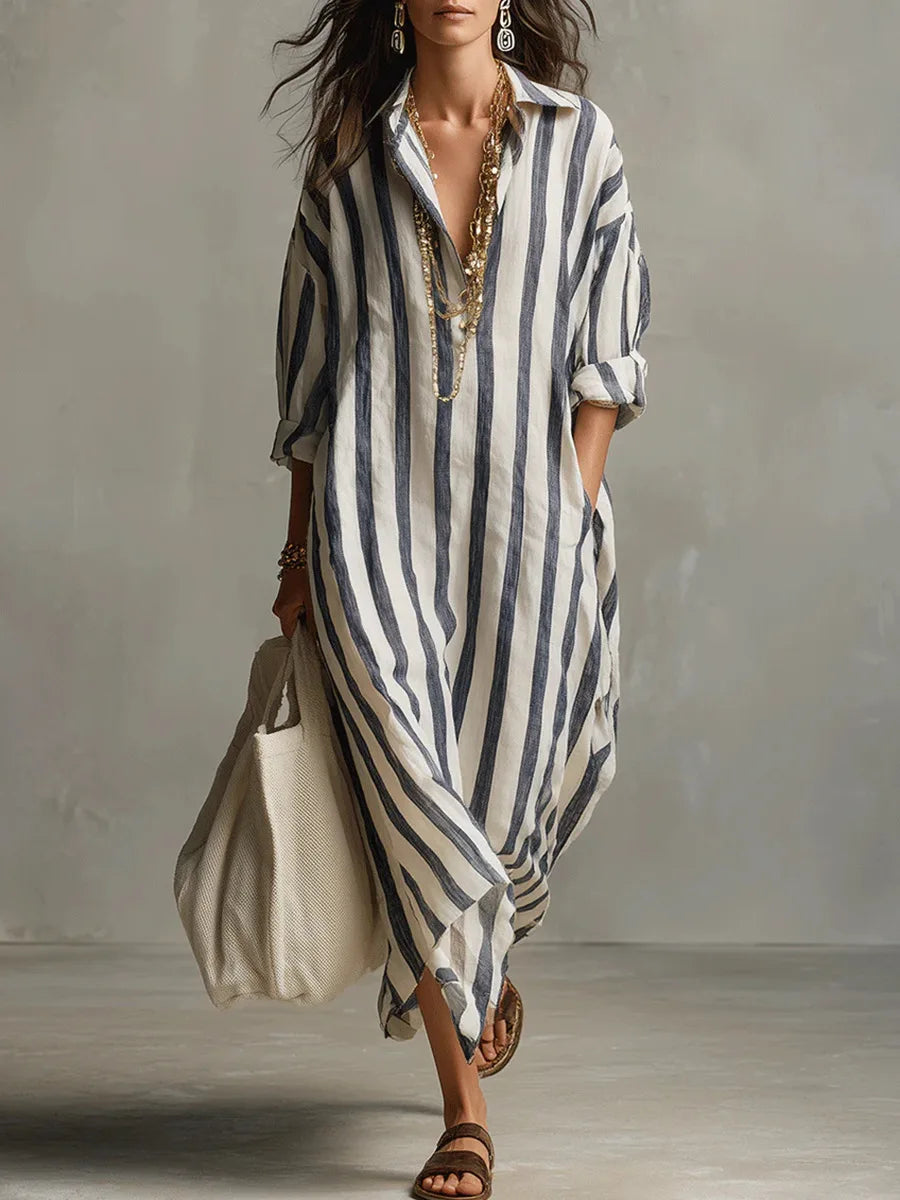Women's Striped Maxi Shirt Dress with Collar and Side Pockets