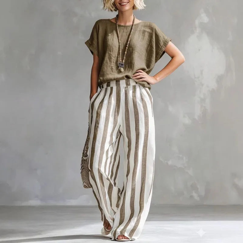 Women's Striped Co-Ord Set with Crew Neck Top and Pants