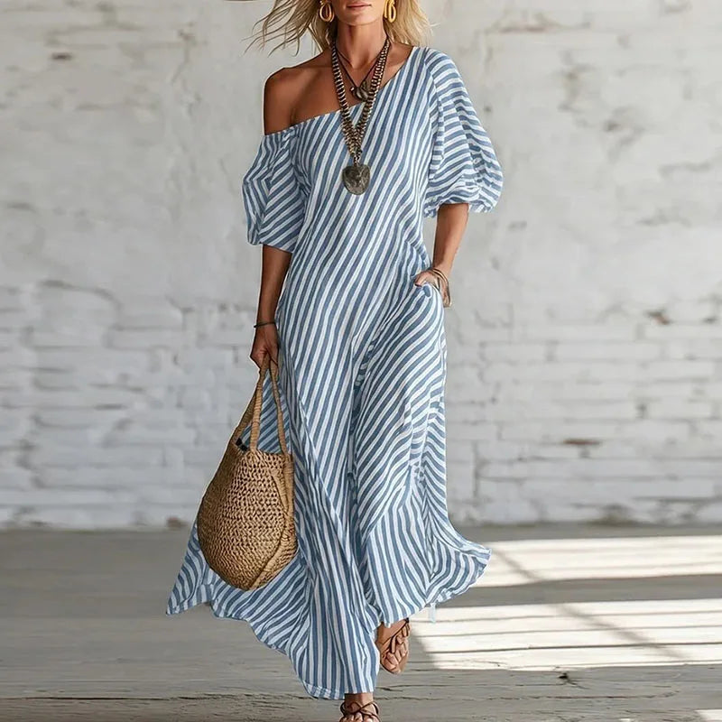 Women's One Shoulder Striped Puff Sleeve Maxi Dress