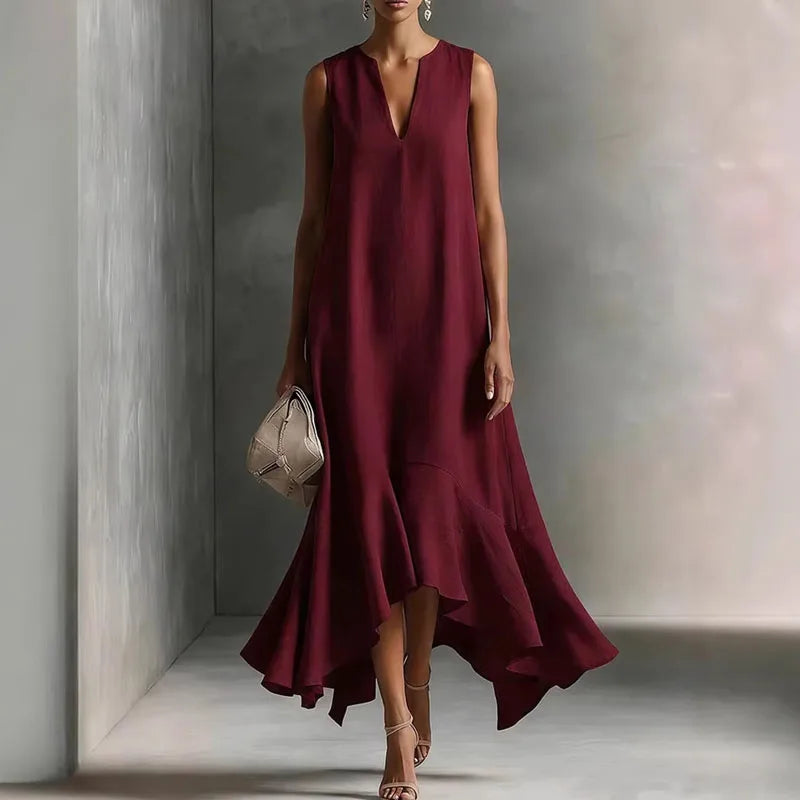 Women's Bohemian Maxi Dress with V-Neck and Ruffle Hem