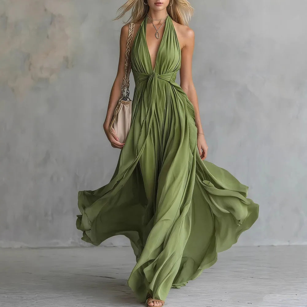 Women's Backless Halter Maxi Dress with Elegant Side Slit