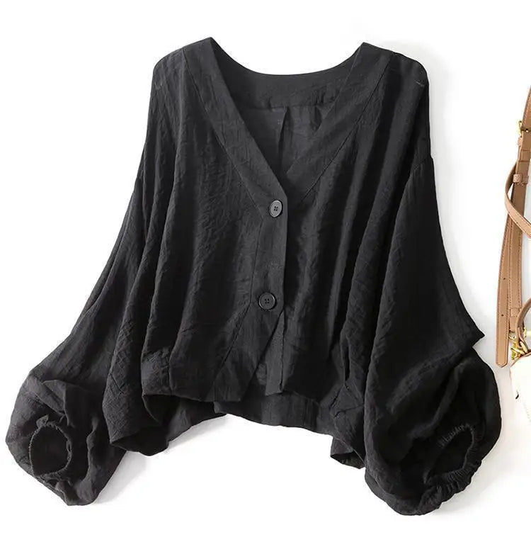 Women's V-Neck Button-Front Blouse with Relaxed Long Sleeves