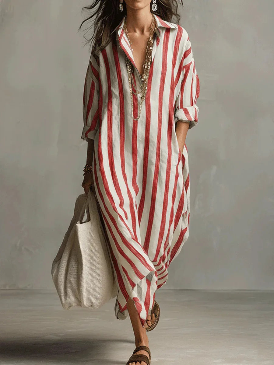 Women's Striped Maxi Shirt Dress with Collar and Side Pockets