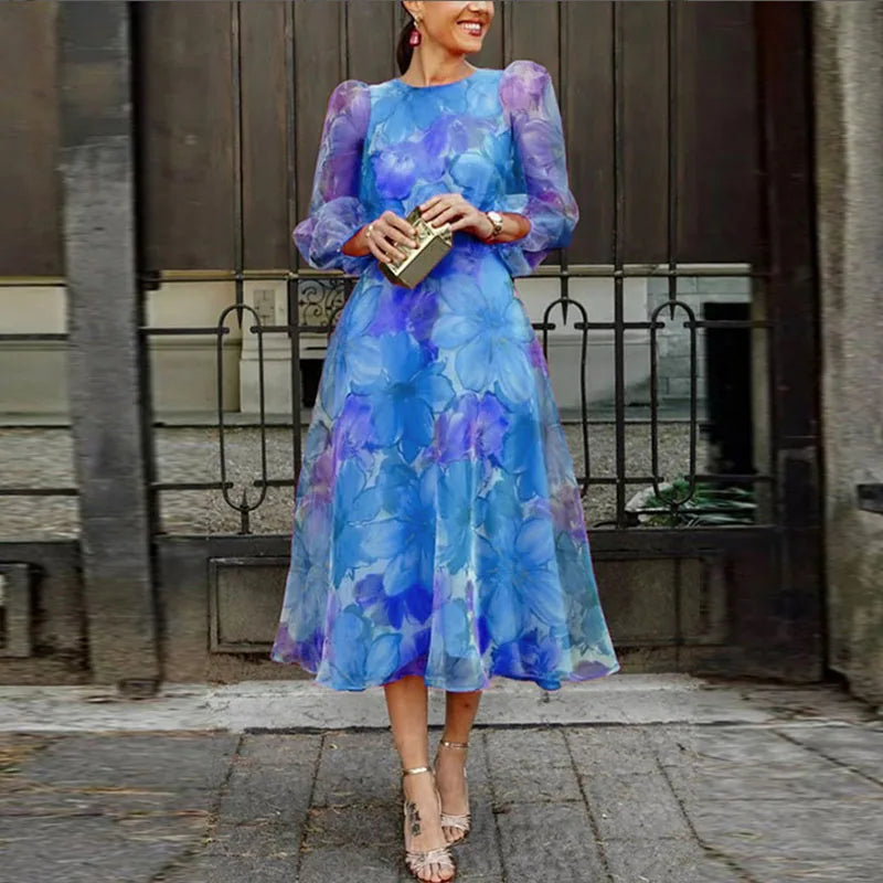 Women's Romantic Floral Mesh Midi Dress with Long Sheer Sleeves