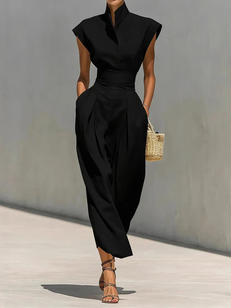 Women's Midi Dress with Stand Collar and Hidden Pockets