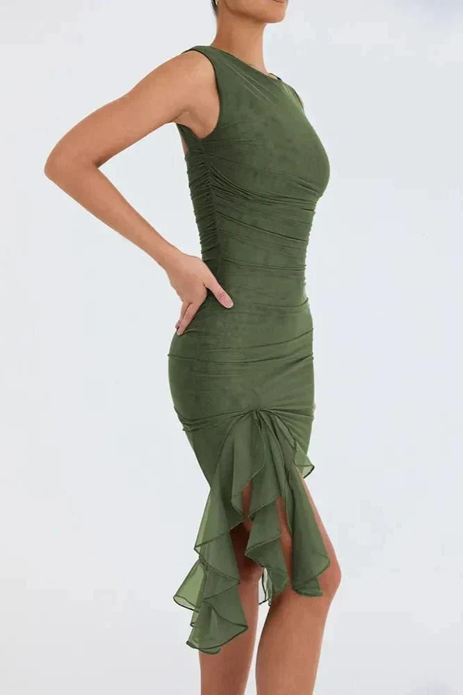 Women’s Sleeveless Ruched Asymmetrical Ruffle Hem Midi Dress