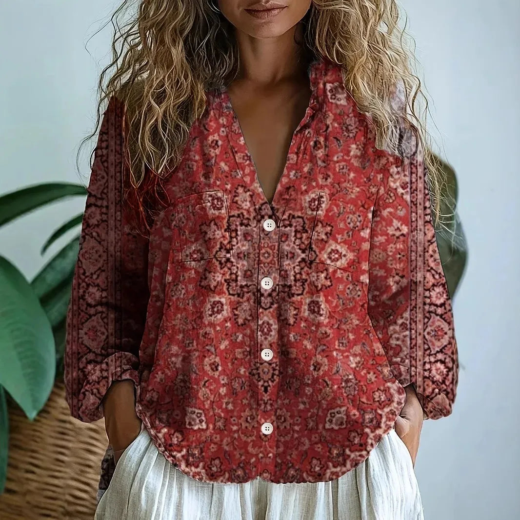 Women's Vintage Floral Print V-Neck Blouse