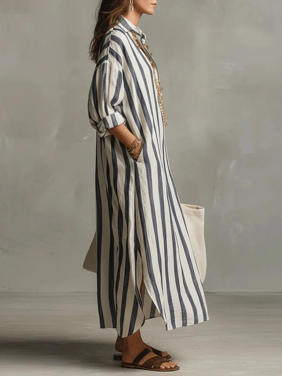 Women's Striped Maxi Shirt Dress with Collar and Side Pockets
