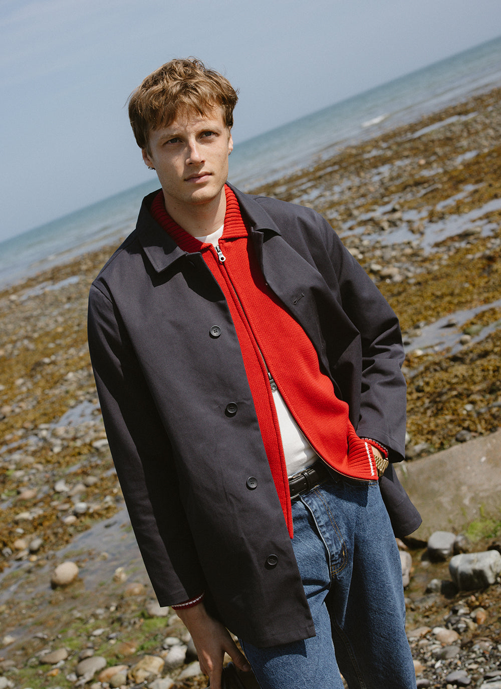 Men's Casual Trench Coat with Button Closure