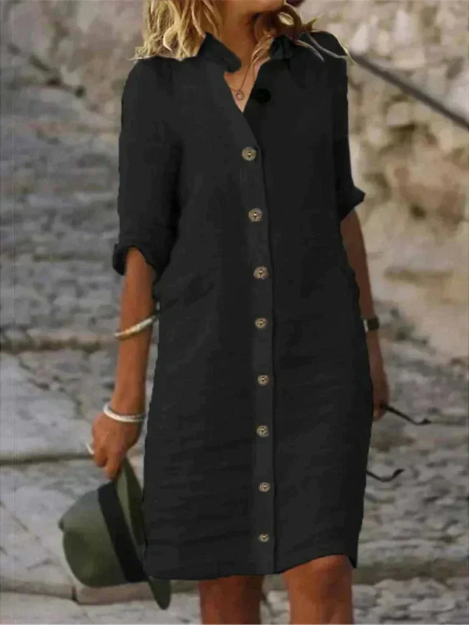 Women's Classic Collared Button-Down Shirt Dress with Relaxed Fit