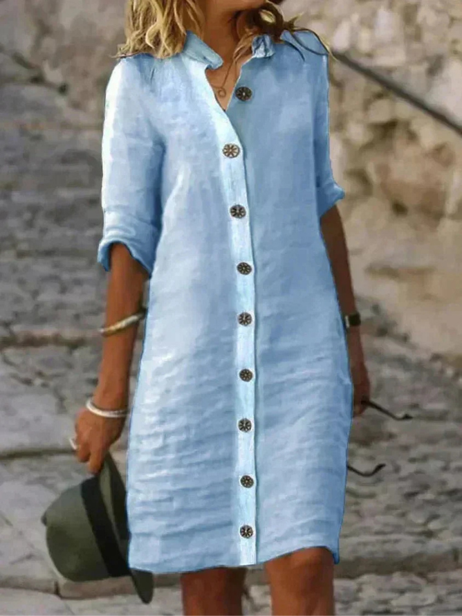Women's Classic Collared Button-Down Shirt Dress with Relaxed Fit