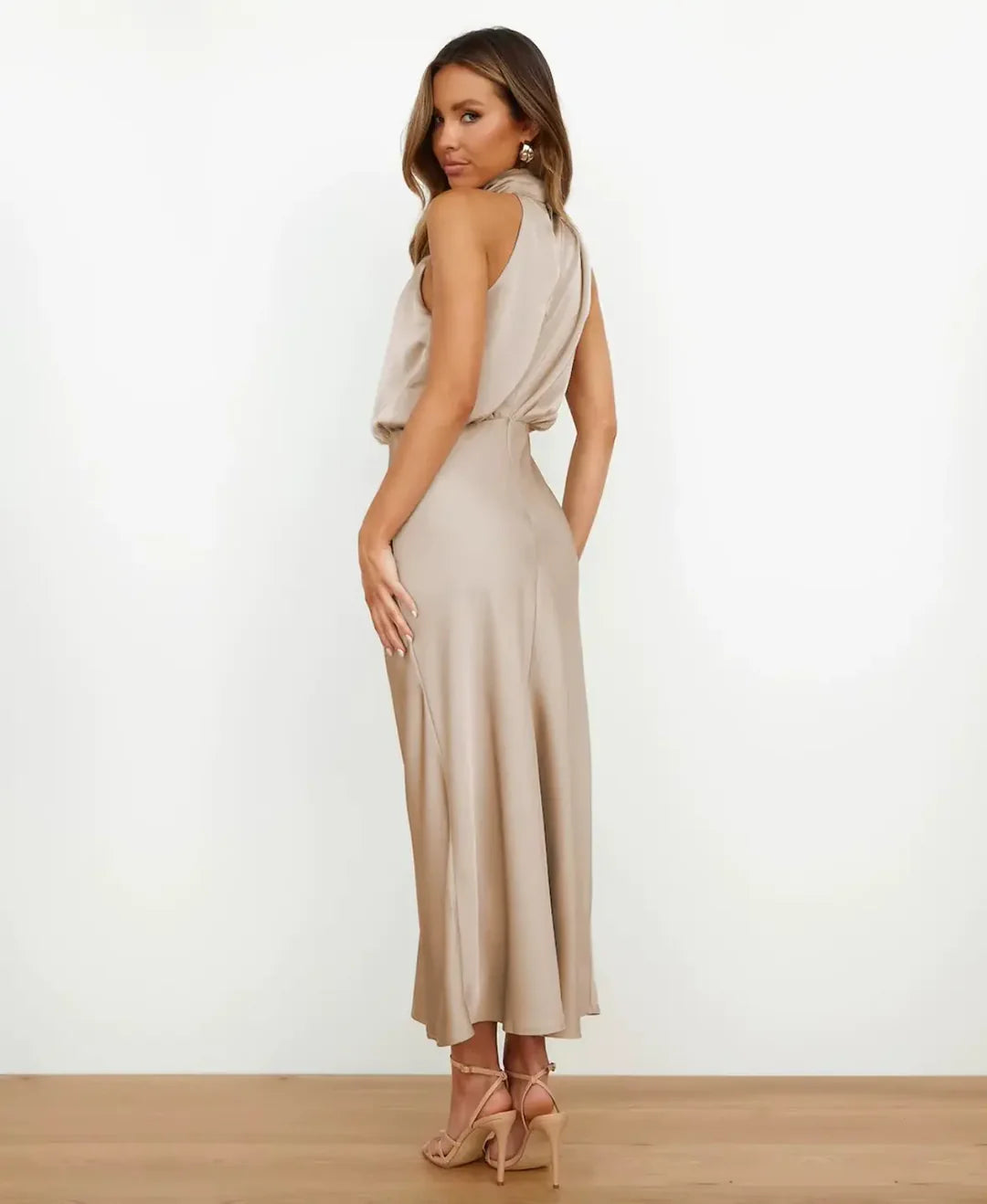 Women's Elegant Sleeveless Mock Neck Satin Midi Dress