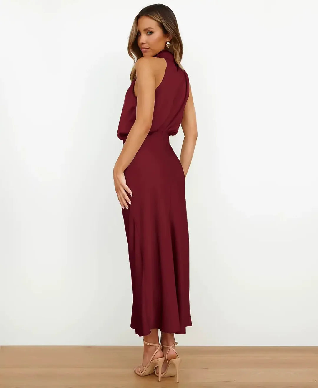 Women's Elegant Sleeveless Mock Neck Satin Midi Dress
