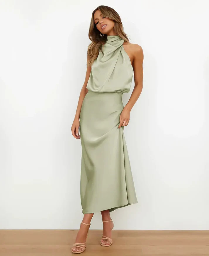 Women's Elegant Sleeveless Mock Neck Satin Midi Dress
