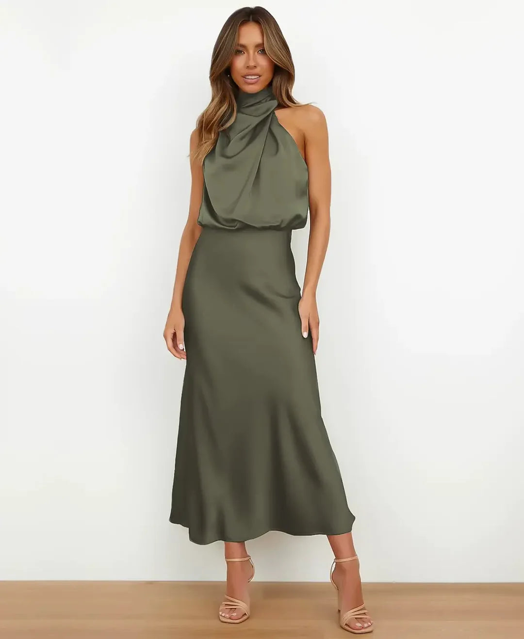 Women's Elegant Sleeveless Mock Neck Satin Midi Dress