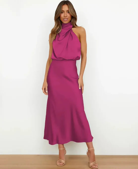 Women's Elegant Sleeveless Mock Neck Satin Midi Dress