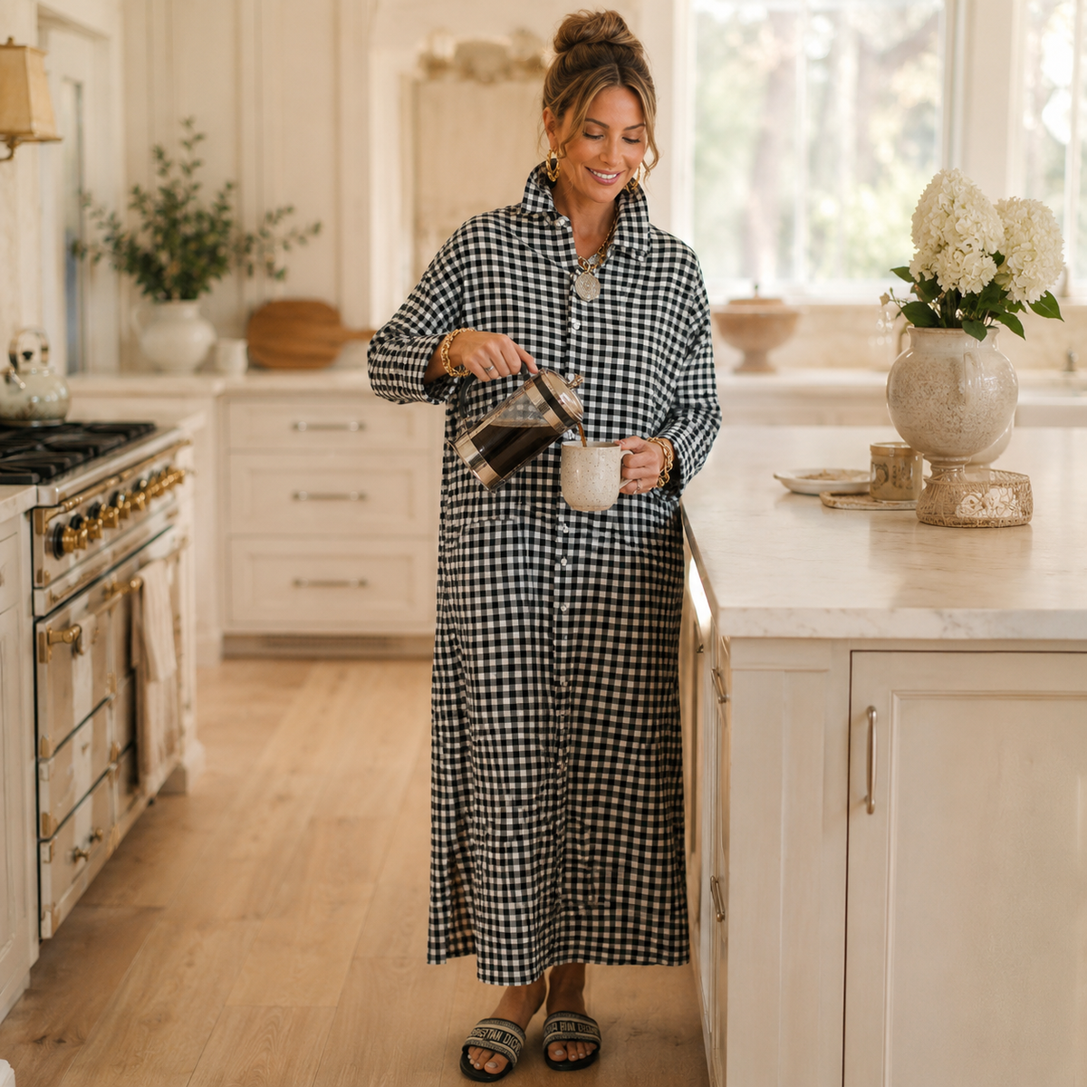 Women's Gingham Button-Front Maxi Dress