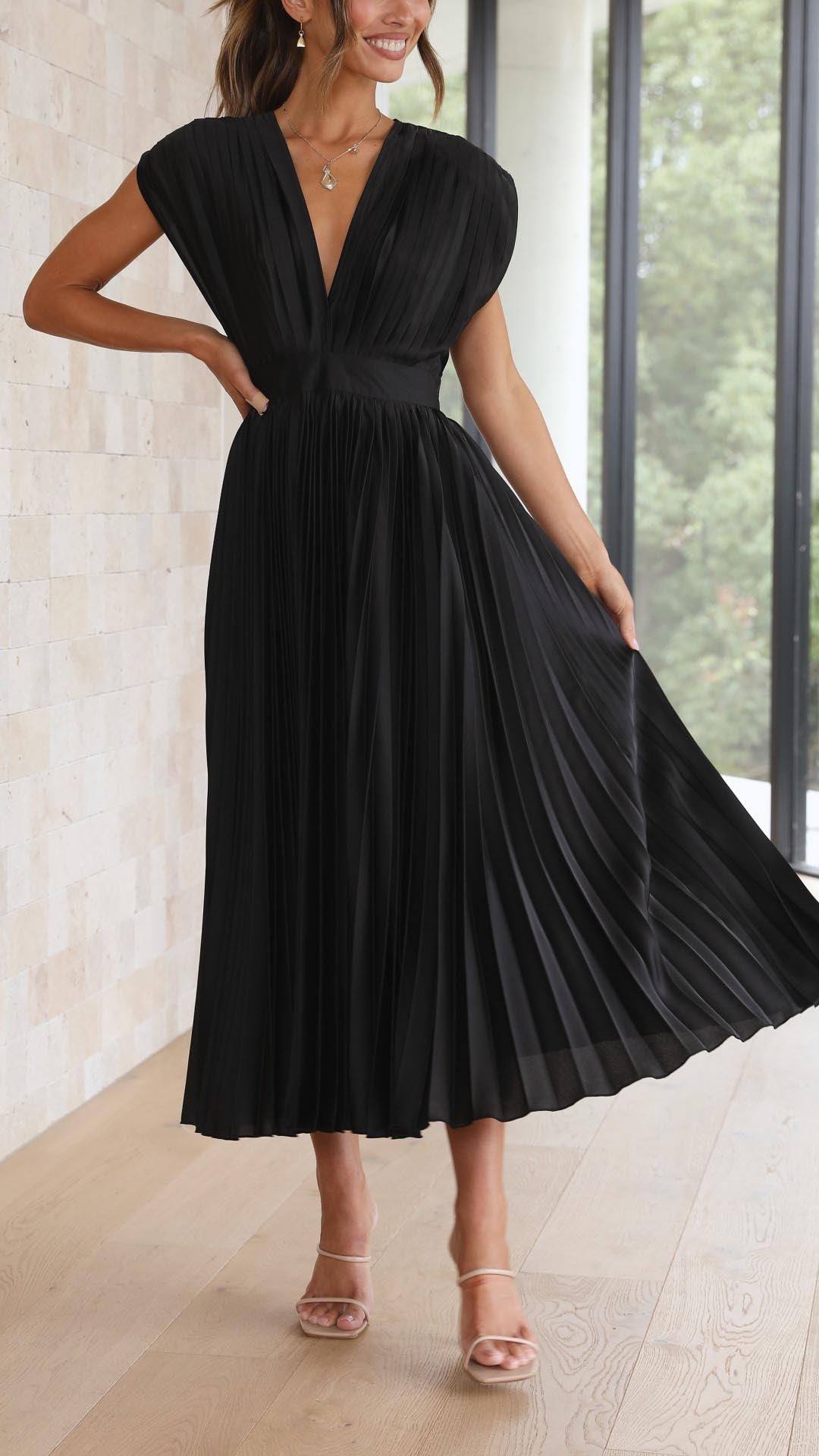 Pleated V-Neck Midi Dress Elegant Flow