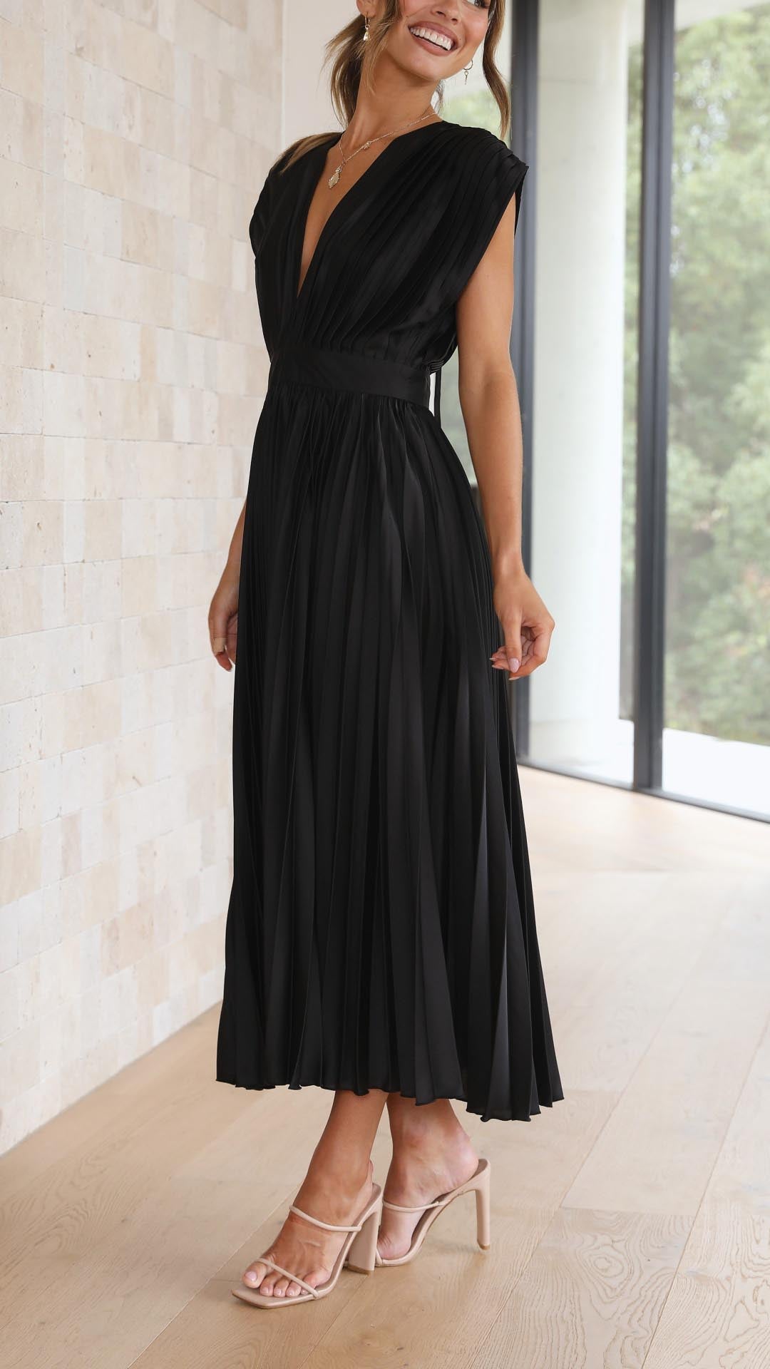 Pleated V-Neck Midi Dress Elegant Flow