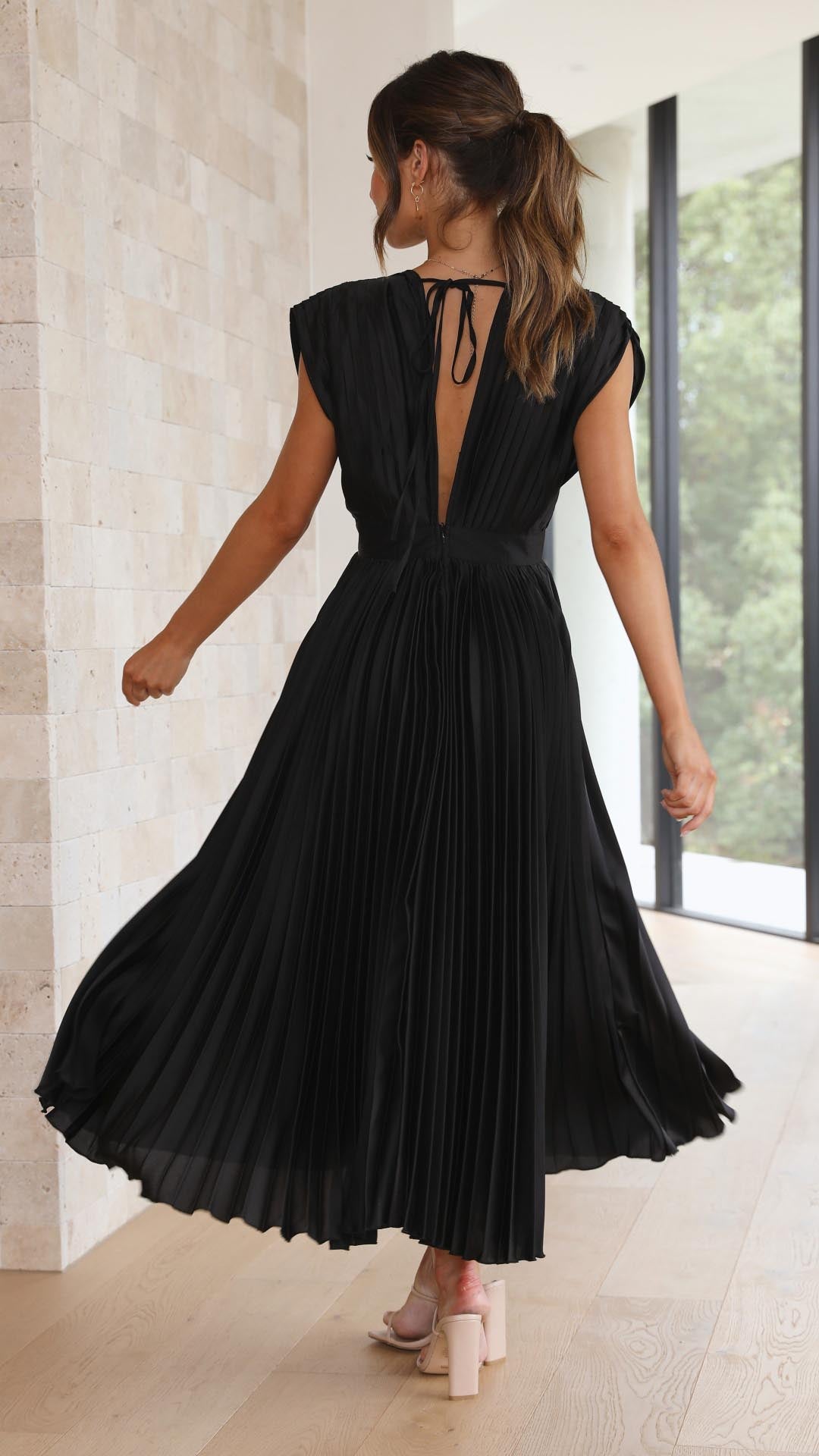 Pleated V-Neck Midi Dress Elegant Flow
