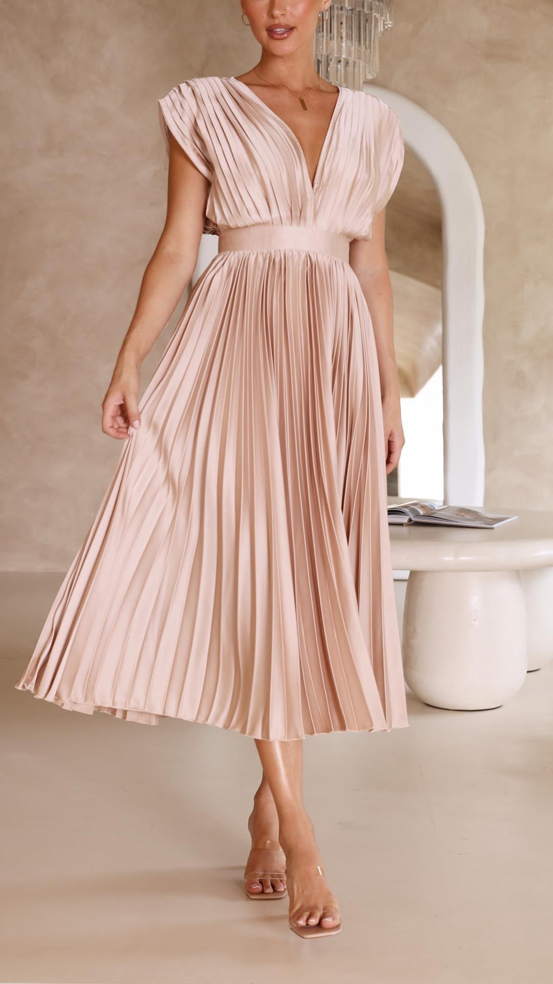 Pleated V-Neck Midi Dress Elegant Flow