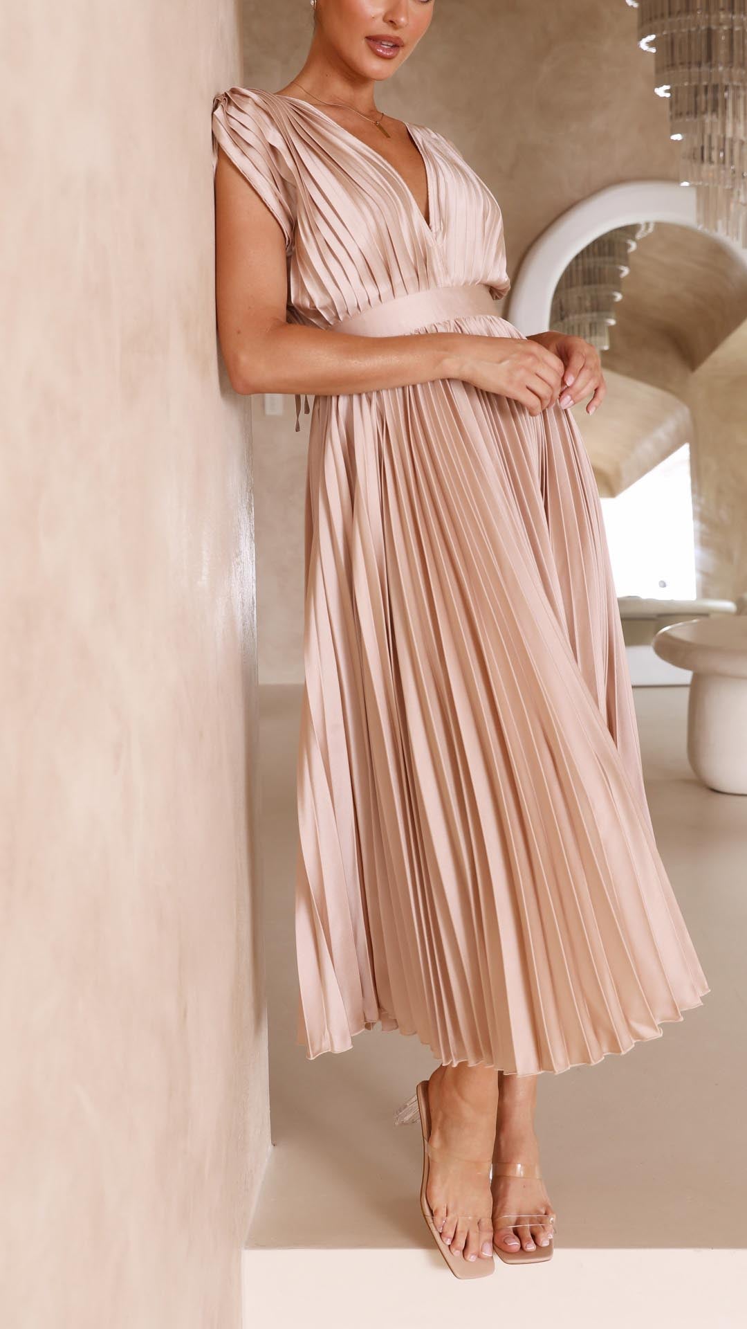 Pleated V-Neck Midi Dress Elegant Flow