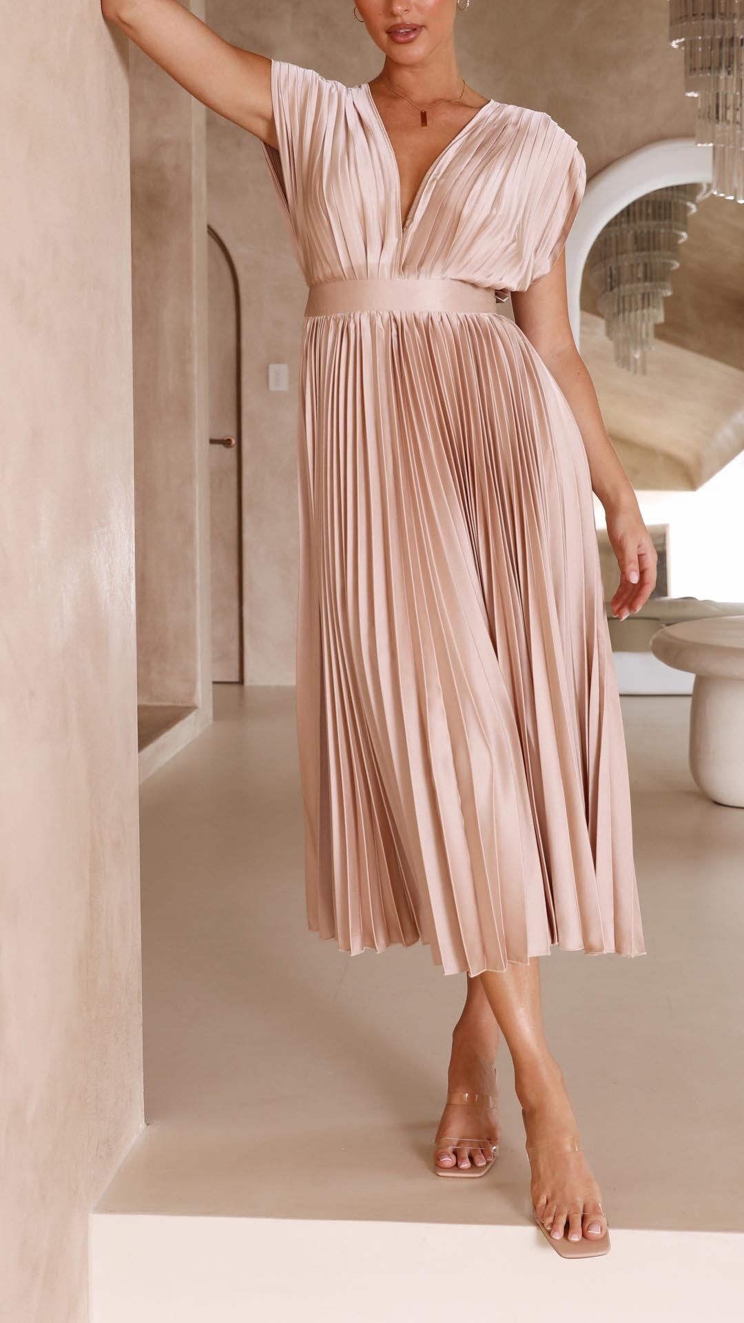 Pleated V-Neck Midi Dress Elegant Flow