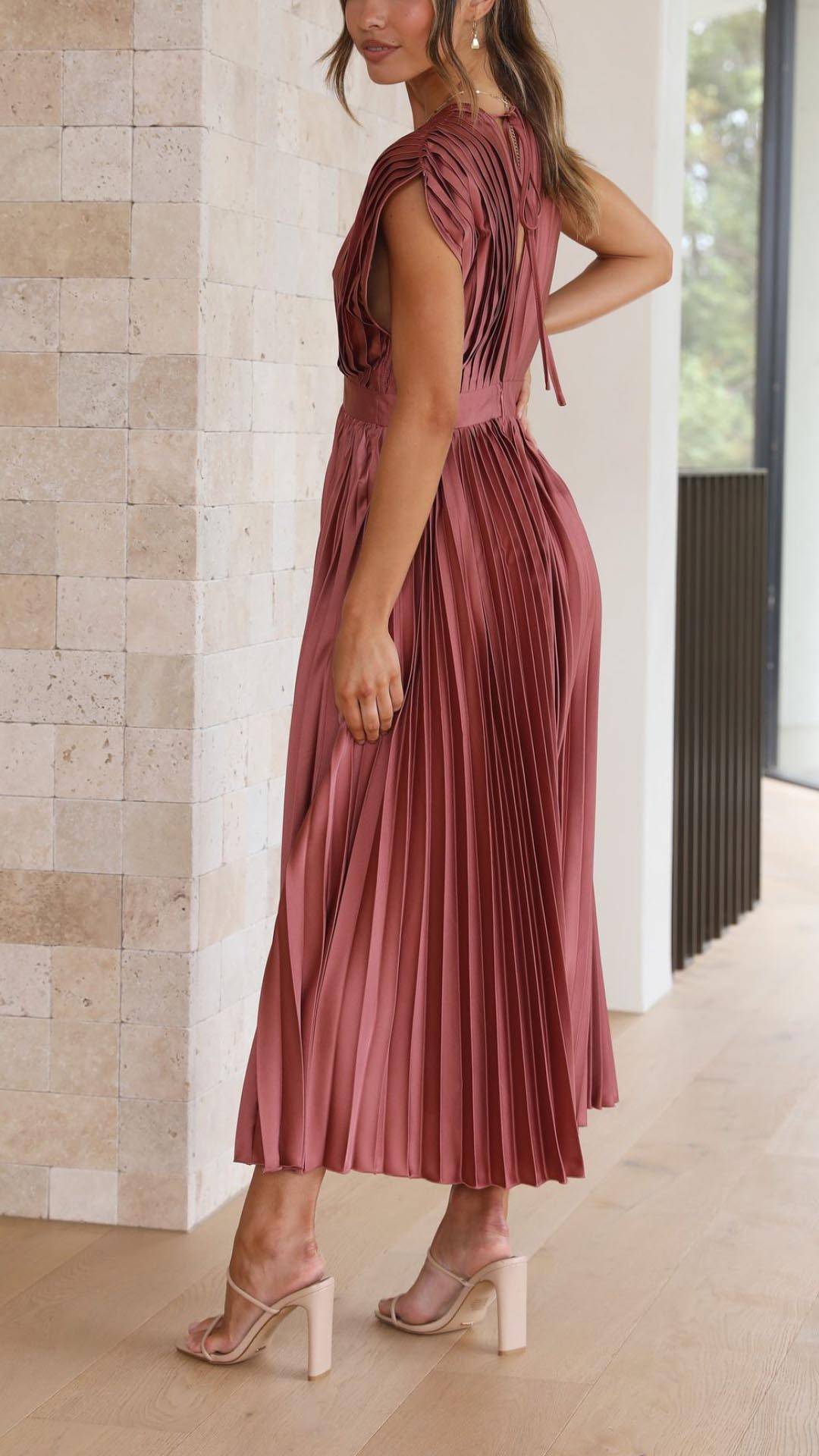 Pleated V-Neck Midi Dress Elegant Flow