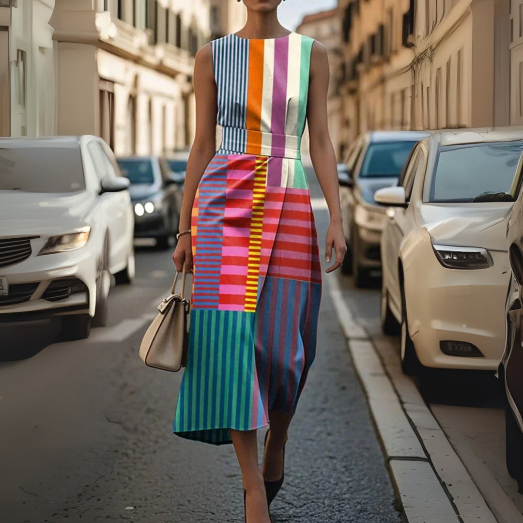 Women's Color Block Striped Sleeveless Midi Dress