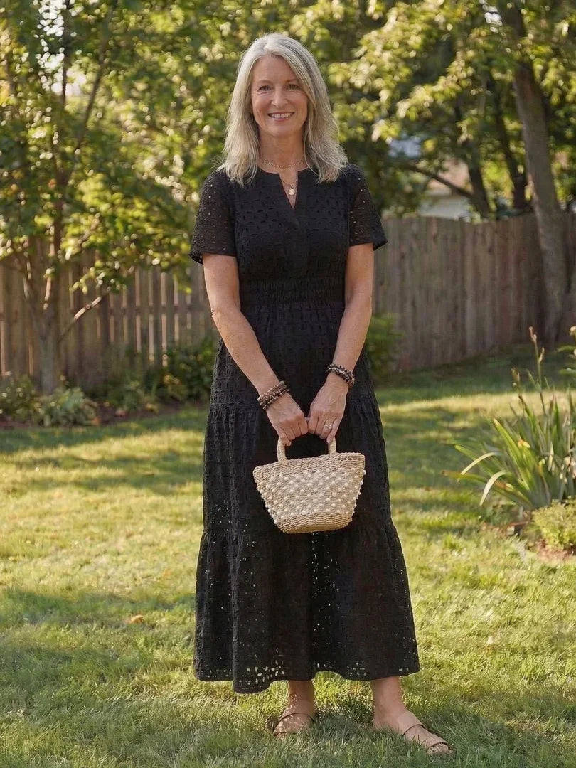 Women's Eyelet V-Neck Short Sleeve Midi Dress