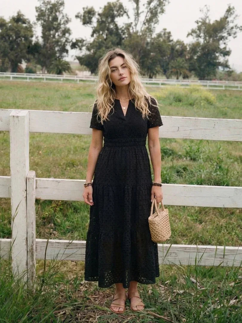 Women's Eyelet V-Neck Short Sleeve Midi Dress