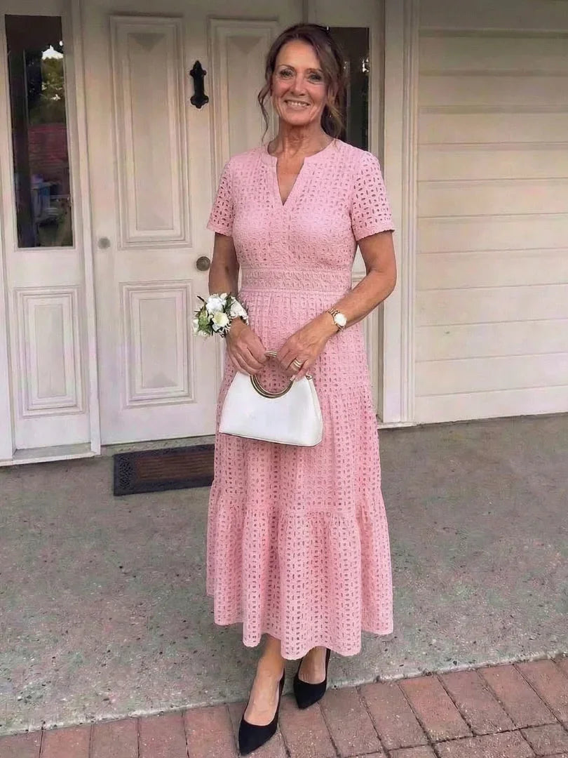 Women's Eyelet V-Neck Short Sleeve Midi Dress