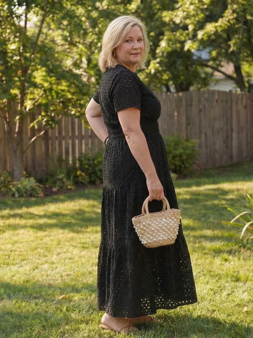 Women's Eyelet V-Neck Short Sleeve Midi Dress