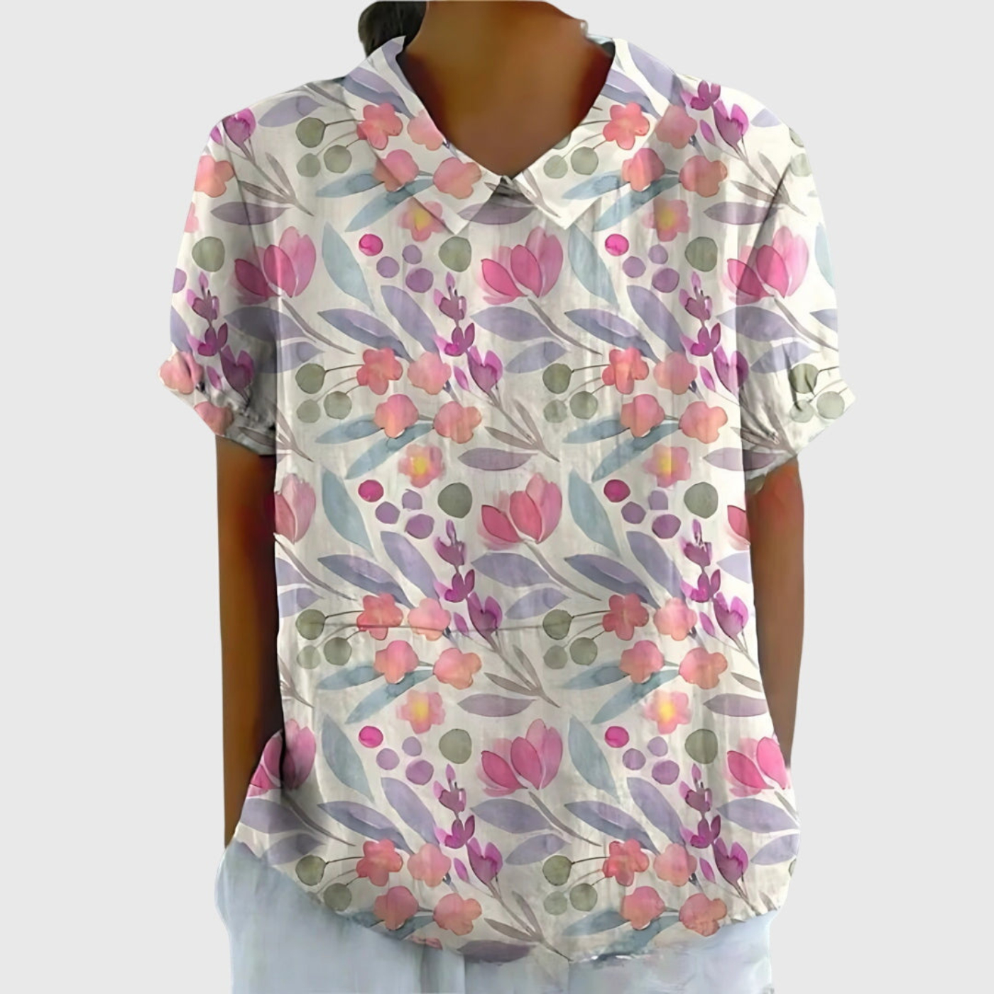 Women’s Vintage Floral Collared Blouse with Botanical Charm Print