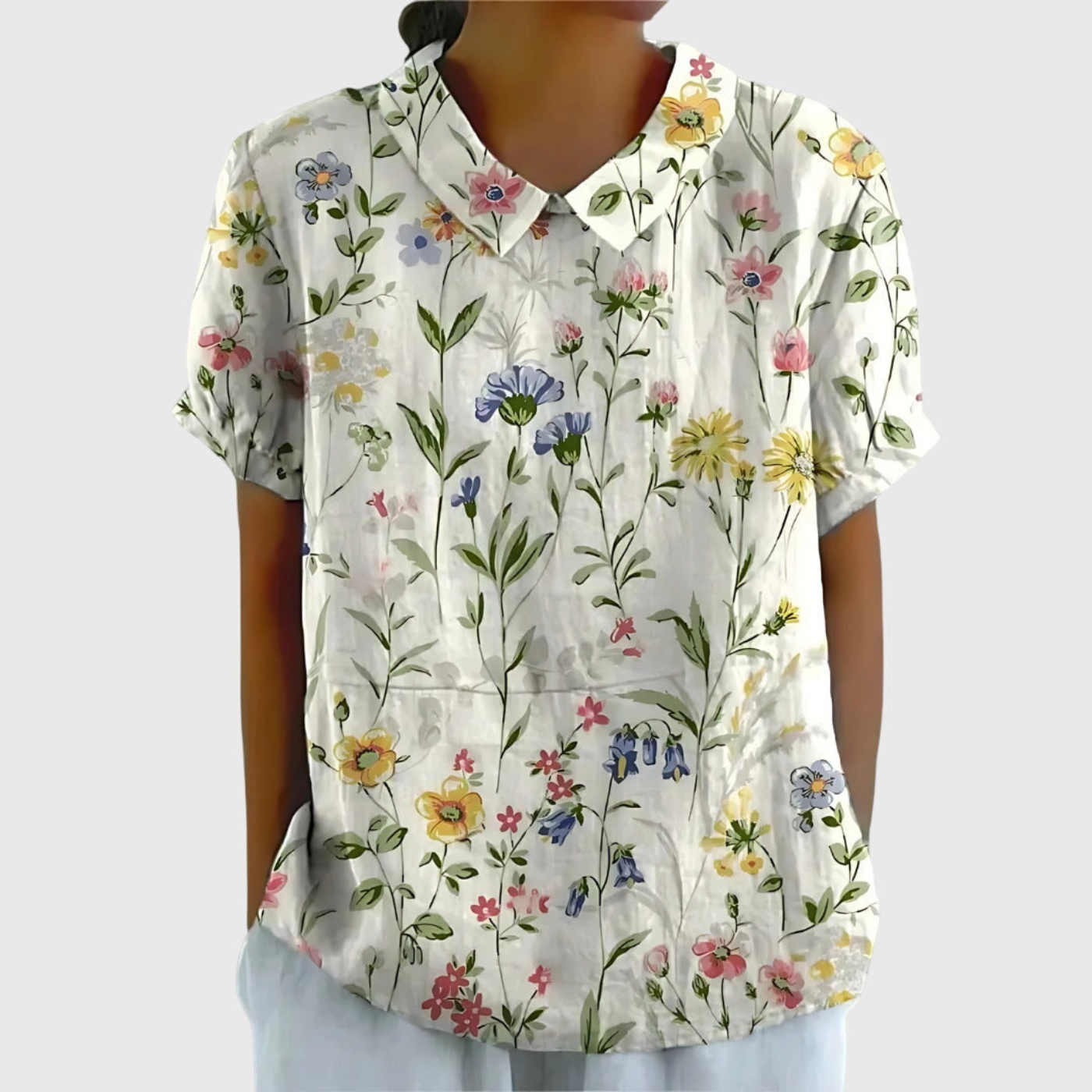 Women’s Vintage Floral Collared Blouse with Botanical Charm Print